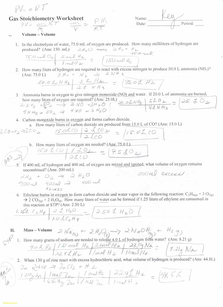 Gas Stoichiometry Worksheet With Solutions