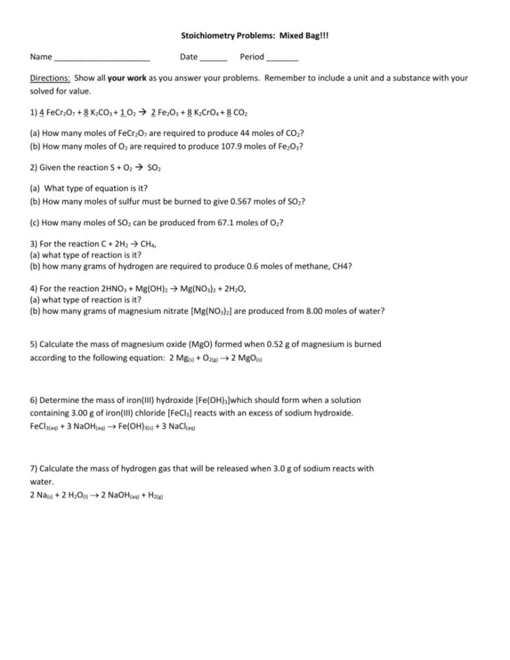 Mixed Mole Problems Worksheet Answers