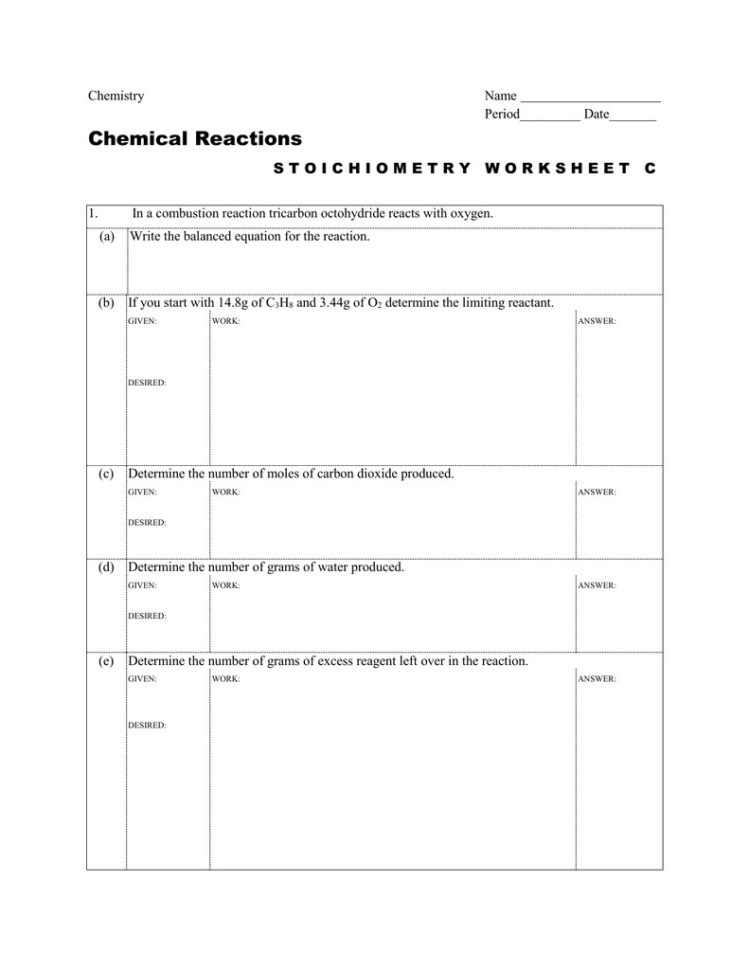 Stoichiometry Worksheet Chemical Reactions Answers Acids Bases And
