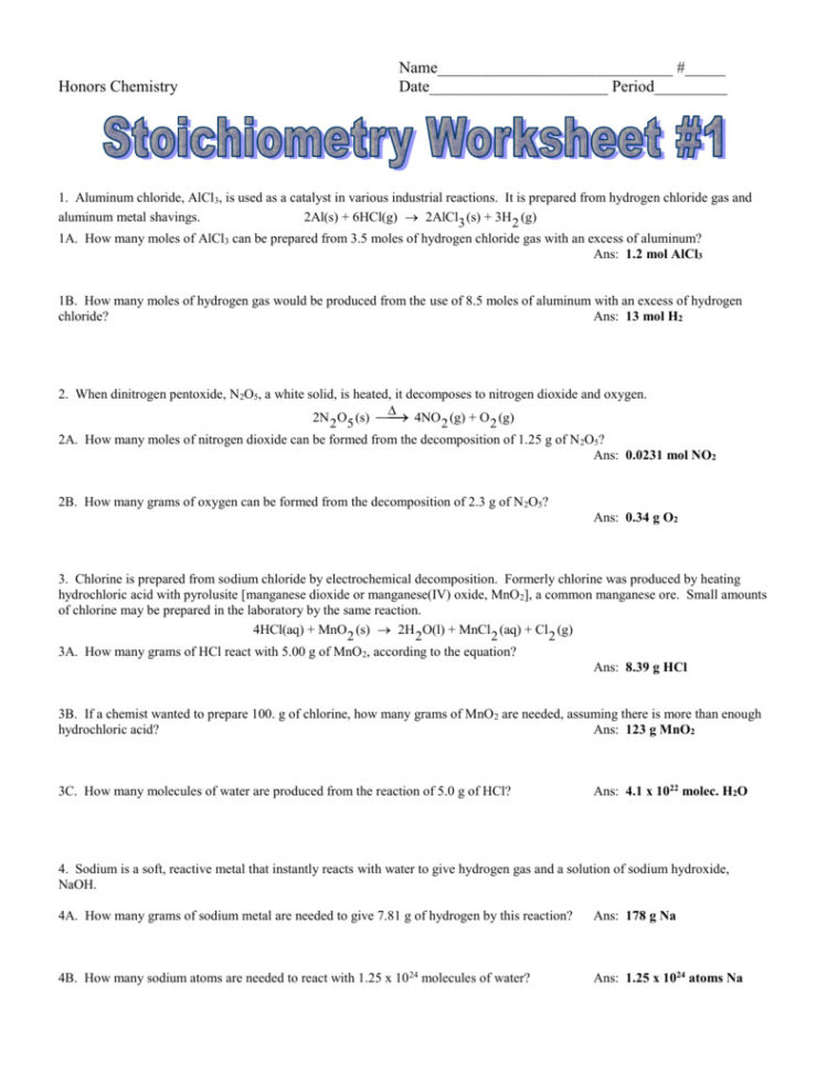 Stoichiometry Worksheet Chemical Reactions Answers Chemistry