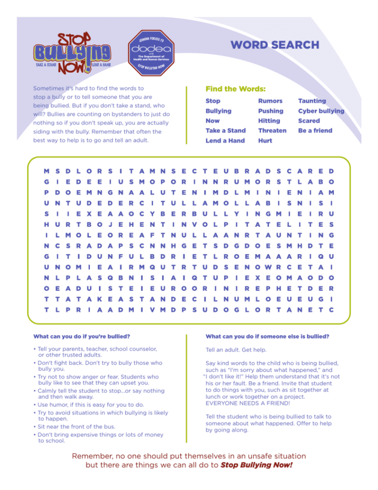 Stop Bullying Word Search