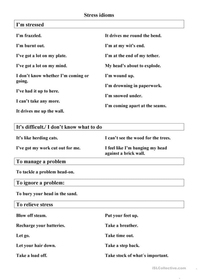 Stress Management Idioms  English Esl Worksheets