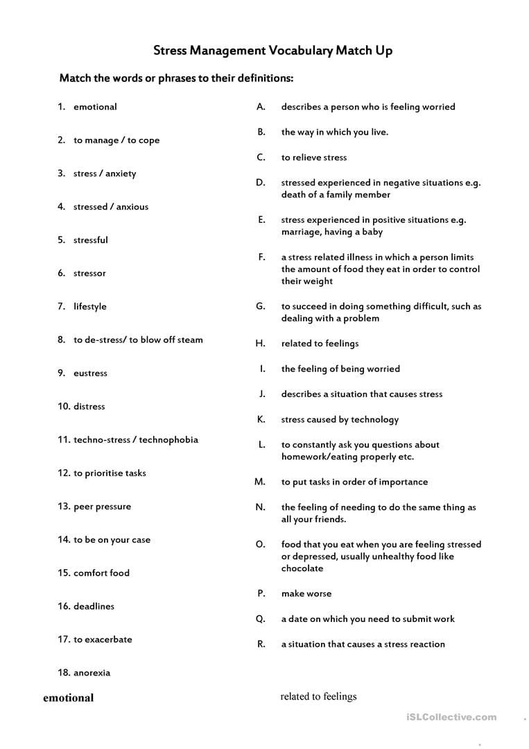 Stress Management Vocabulary  English Esl Worksheets