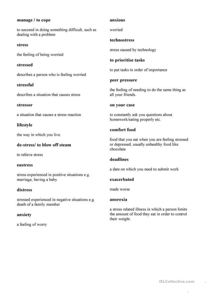 Stress Management Vocabulary  English Esl Worksheets