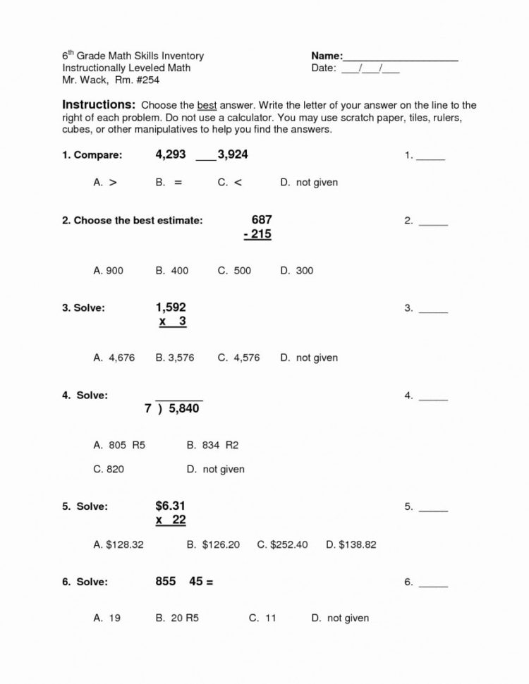 Striking Free 6Th Grade Math Worksheets Fractions Order Of