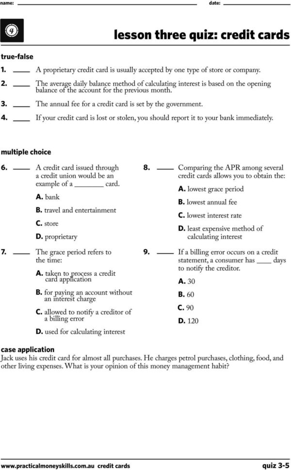 Student Activities Lesson Three Credit Cards 0713  Pdf