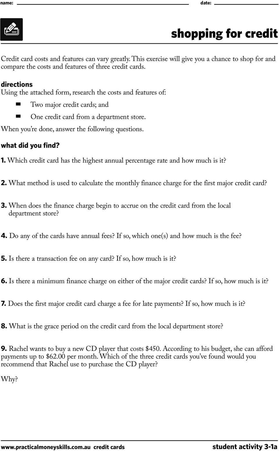 Student Activities Lesson Three Credit Cards 0713  Pdf
