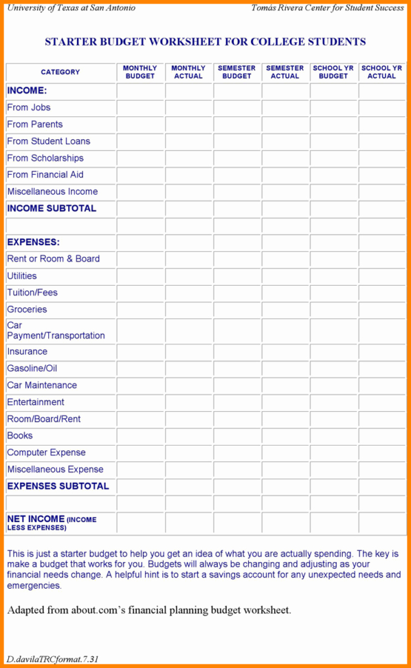 Student Budget Spreadsheet For High School Student Bud