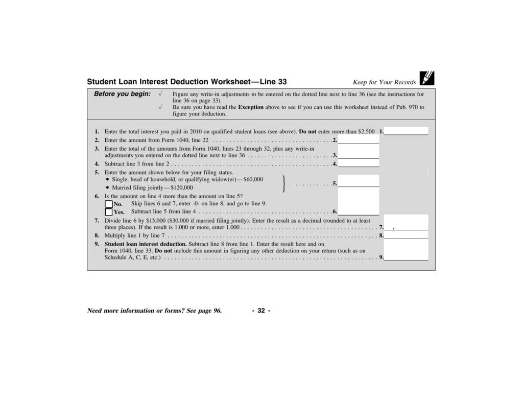 Student Loan Interest Deduction Worksheet—Line 33