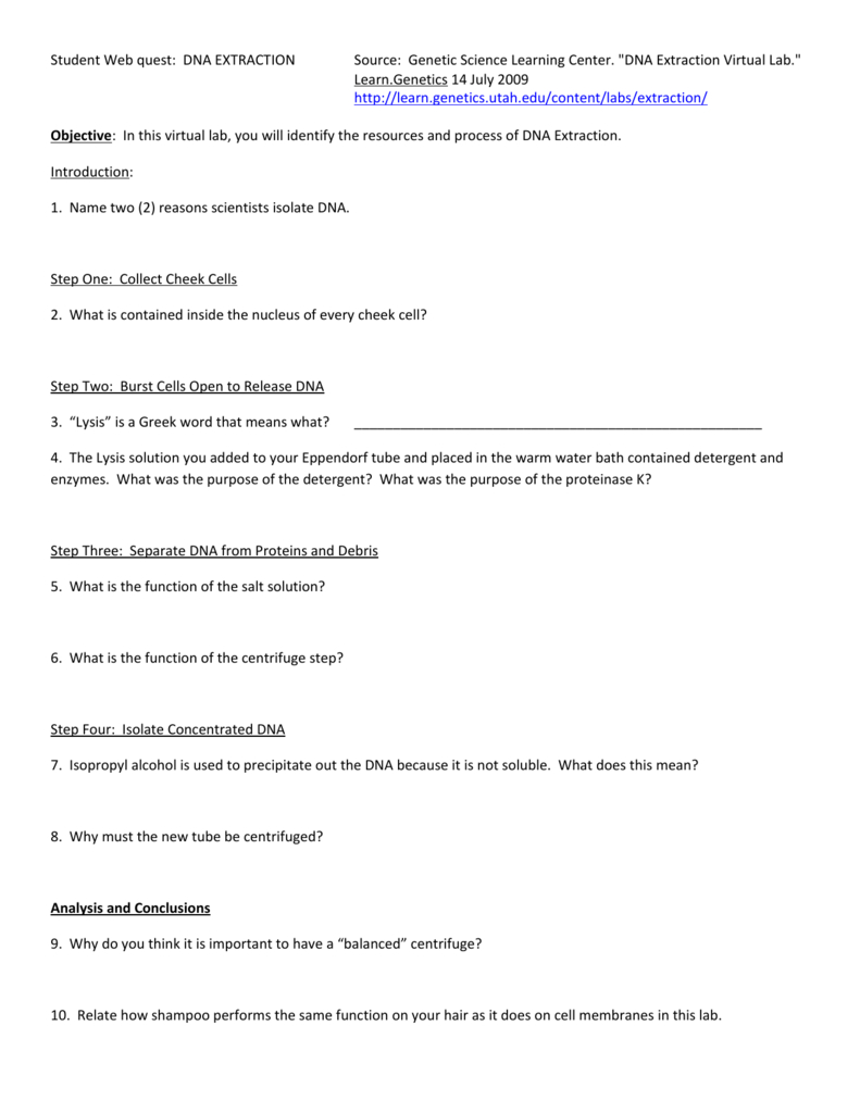 Student Web Quest Dna Extraction Source