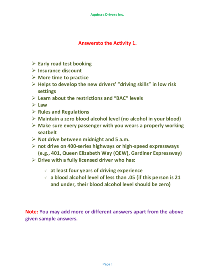 Student Workbook Answers  Ontario Driving School Brampton