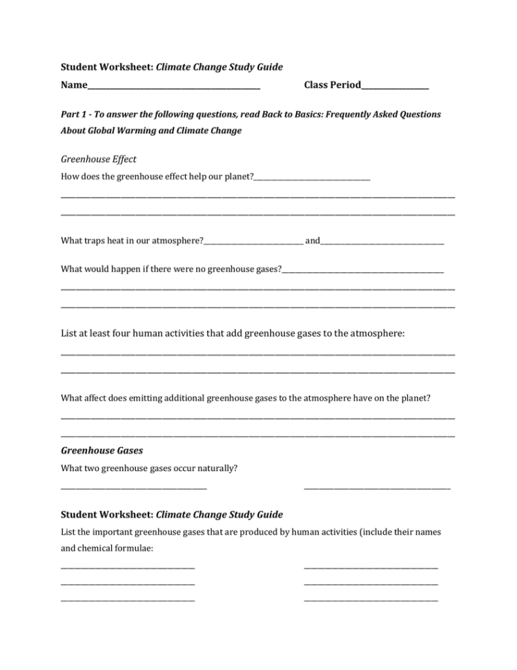 Student Worksheet Climate Change Study Guide