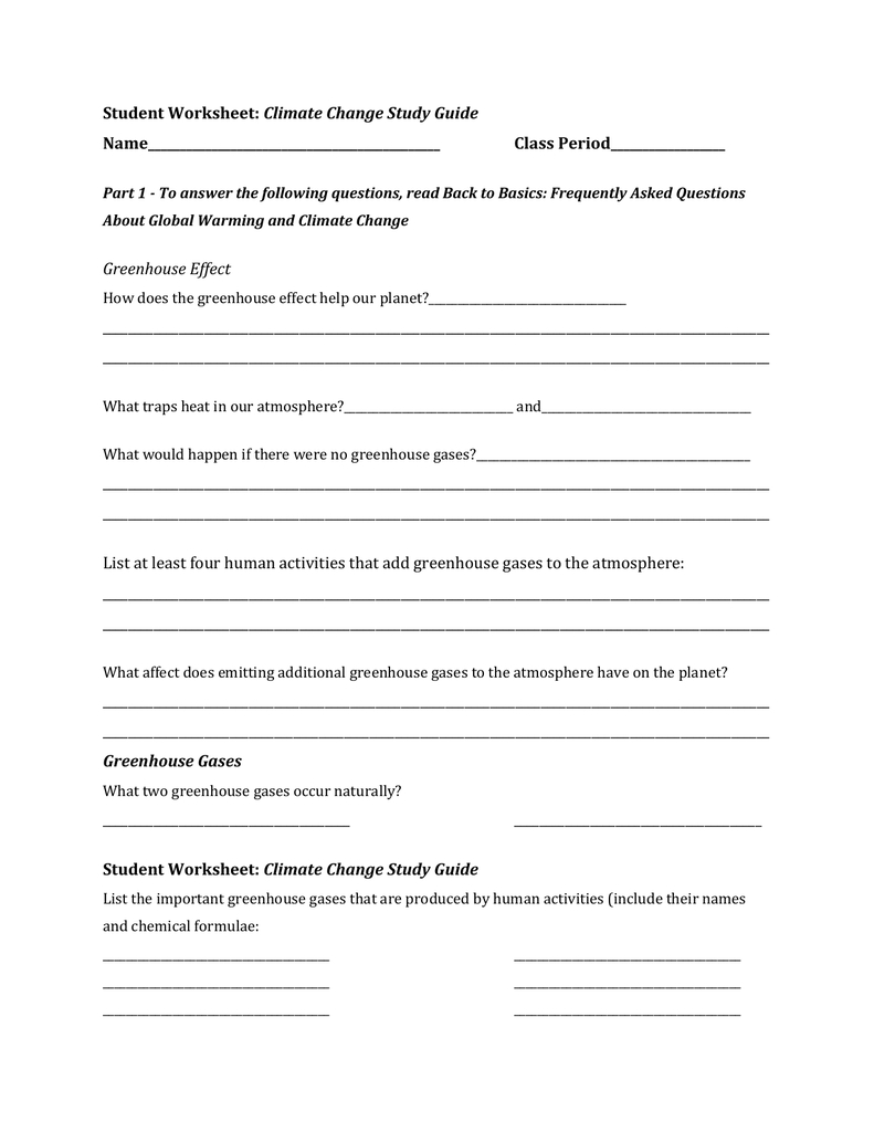Student Worksheet Climate Change Study Guide