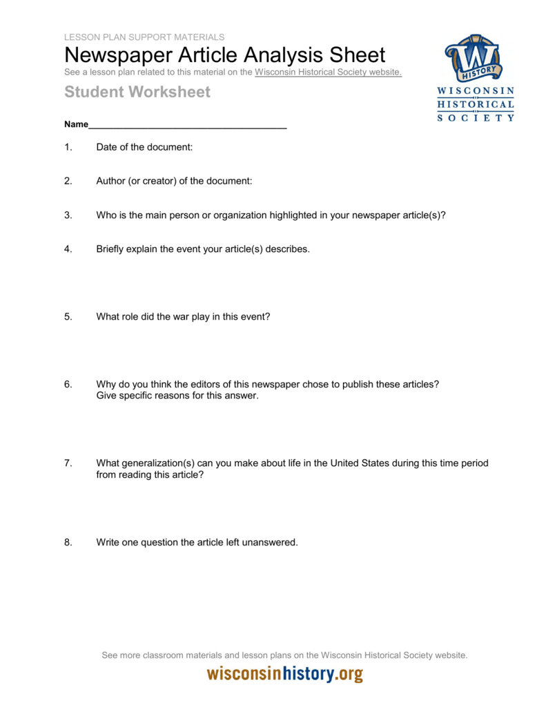 Student Worksheet  Newspaper Article Analysis Sheet