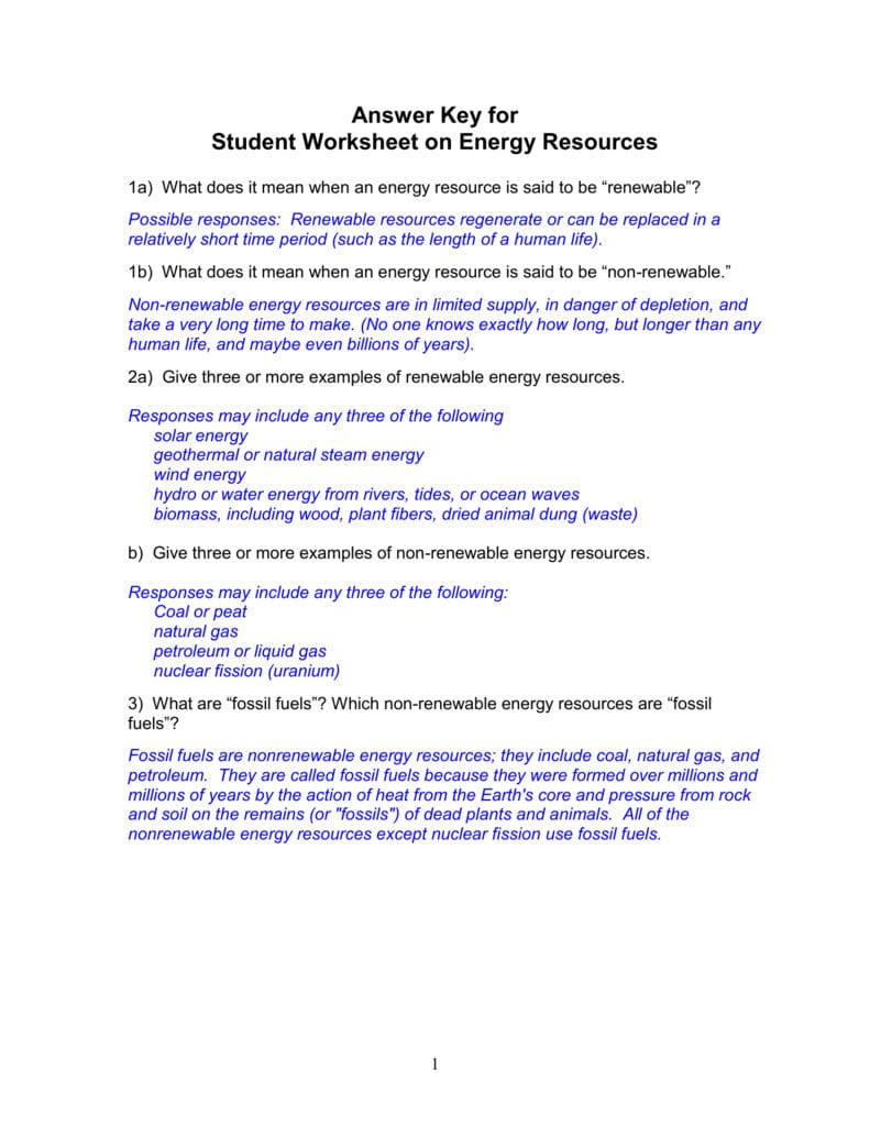 Student Worksheet On Energy Resources