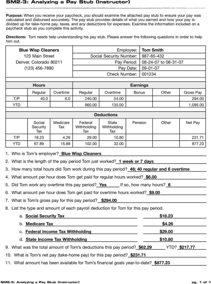 Reading A Pay Stub Worksheet