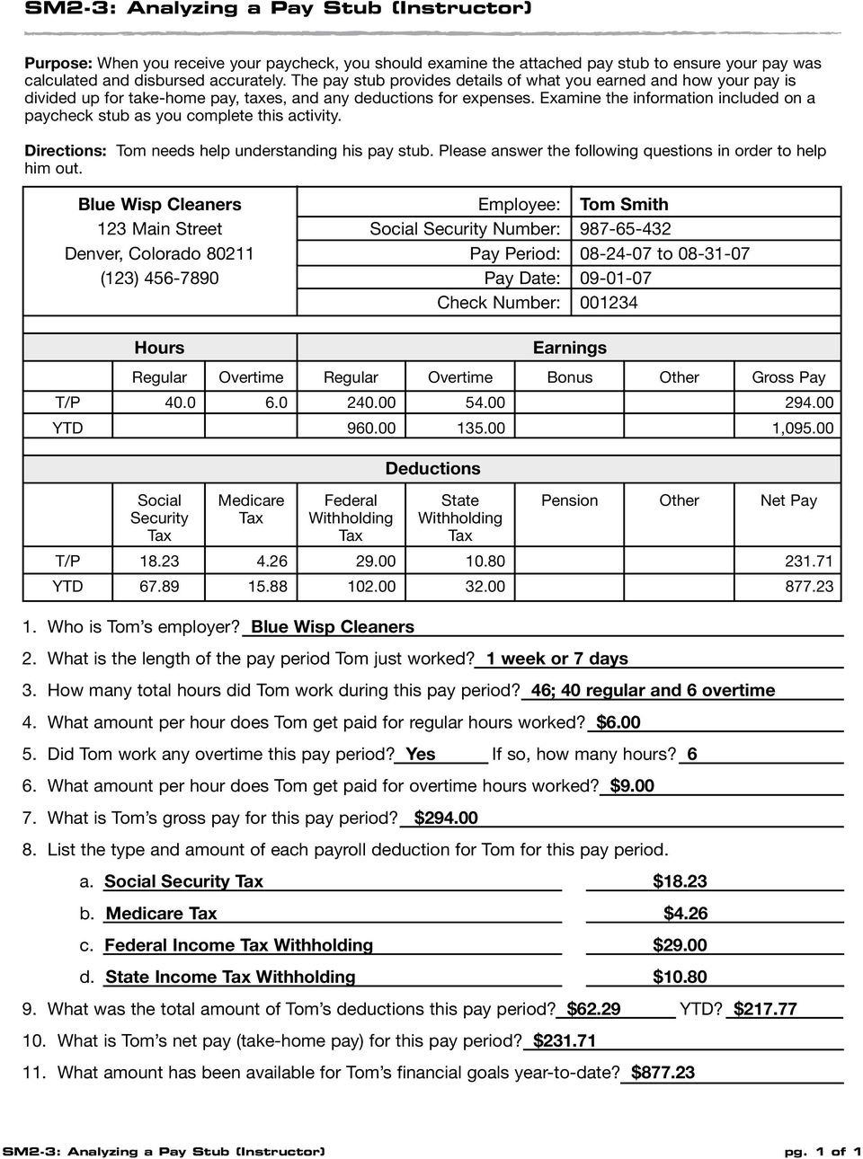 Analyzing Pay Stubs Worksheet Answer Key