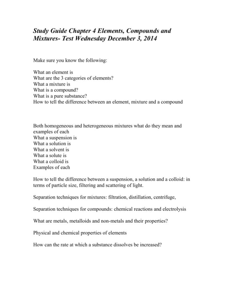 Study Guide Chapter 4 Elements Compounds And Mixtures