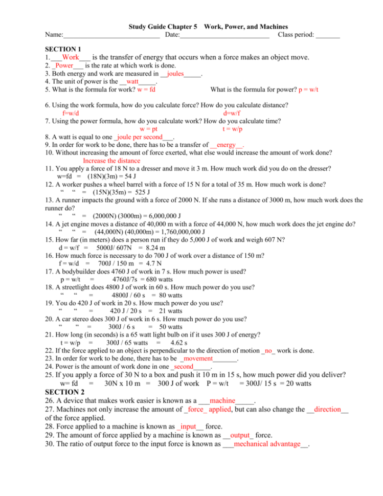 Study Guide Chapter 5 Work Power And Machines Name Date