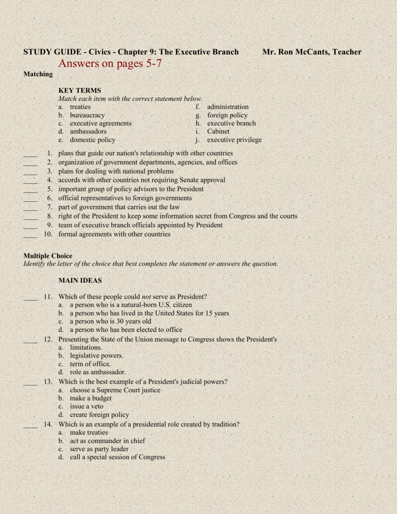 Study Guide  Civics  Chapter 9 The Executive Branch Mr