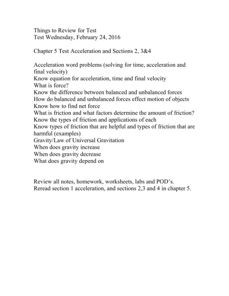 Study Guide For Acceleration Forces Friction And Gravity Test