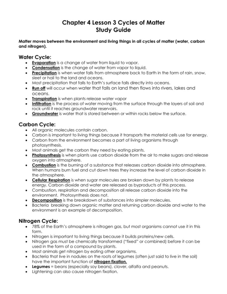 Study Guide For Cycles In Matter