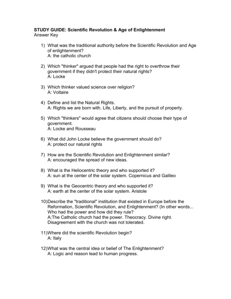 Study Guide Scientific Revolution  Age Of Enlightenment