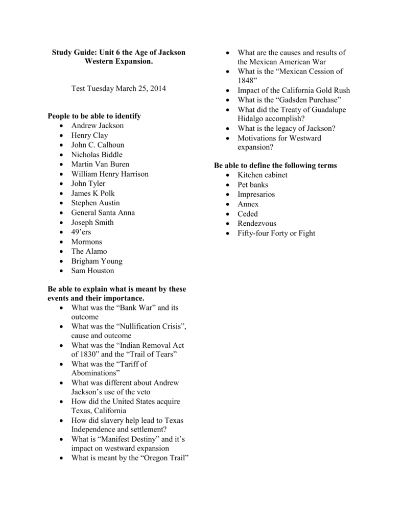 Study Guide Unit 6 The Age Of Jackson And Western Expansion