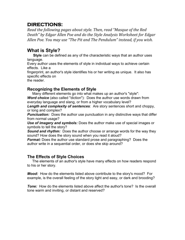 Style Analysis Worksheet
