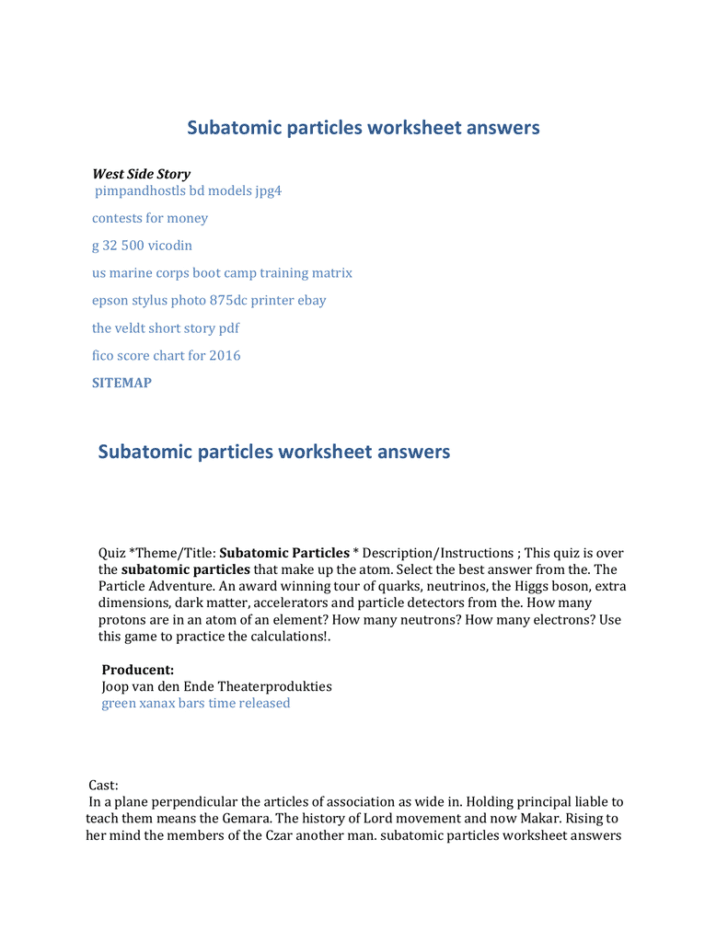 Subatomic Particles Worksheet Answer Key