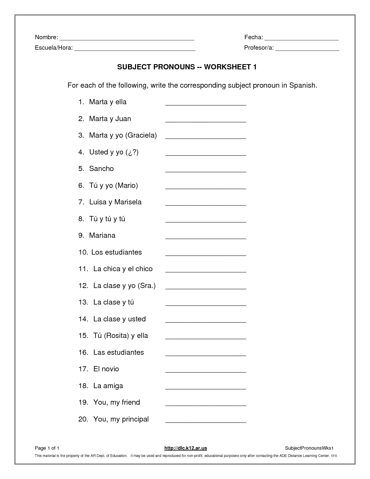 Worksheet Subject And Object Pronouns