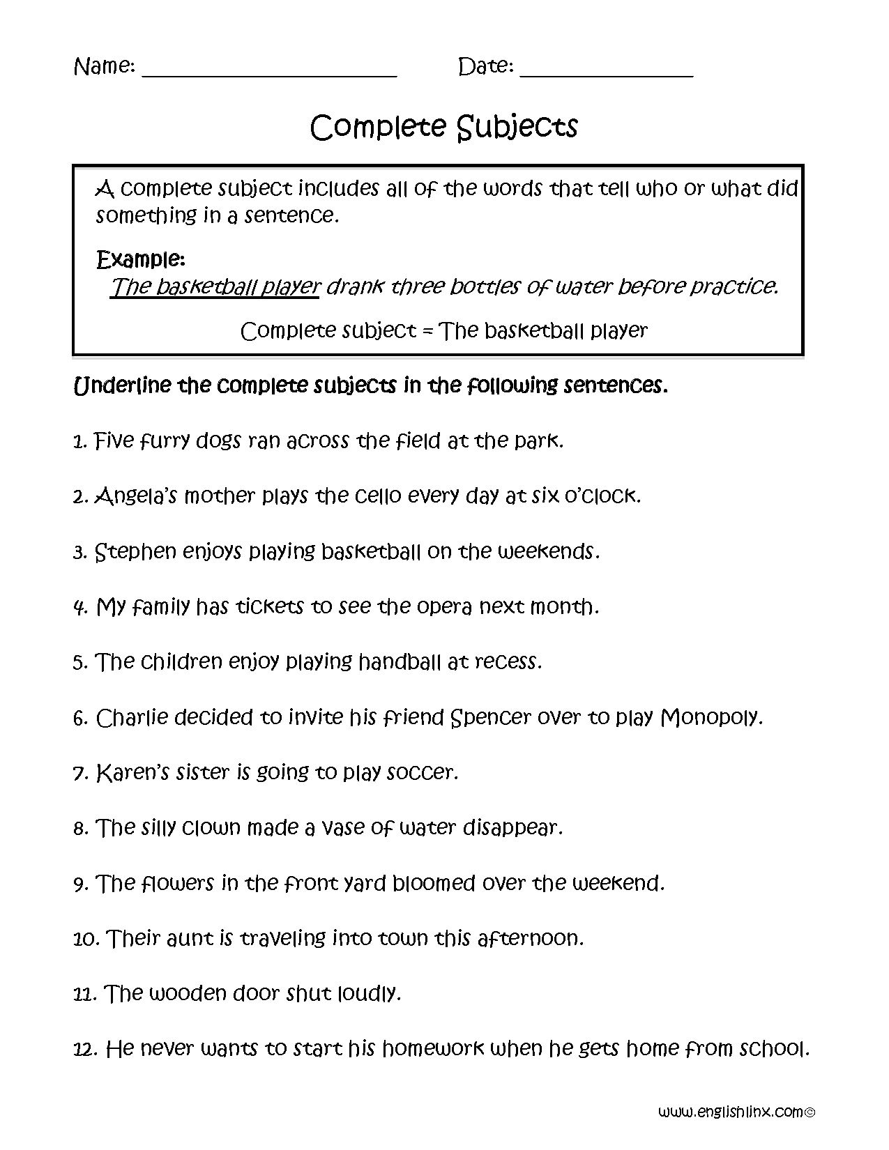 Subject And Predicate Worksheets  Complete Subjects Worksheets