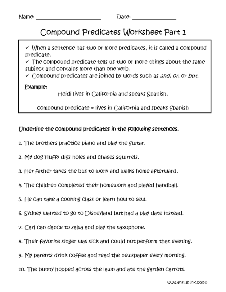 Compound Subject And Compound Predicate Worksheets With Answers Db