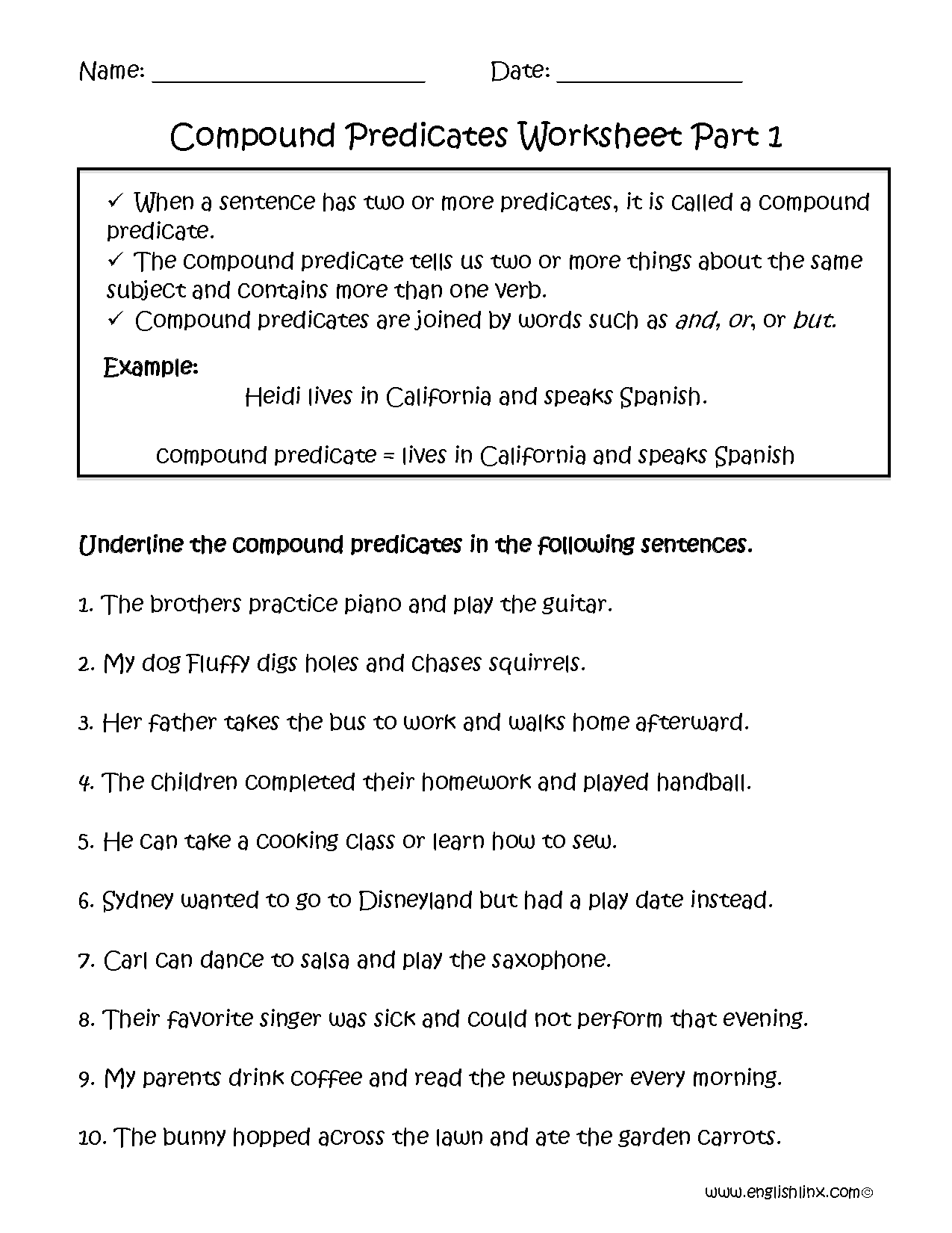 Subject And Predicate Worksheets  Compound Predicate