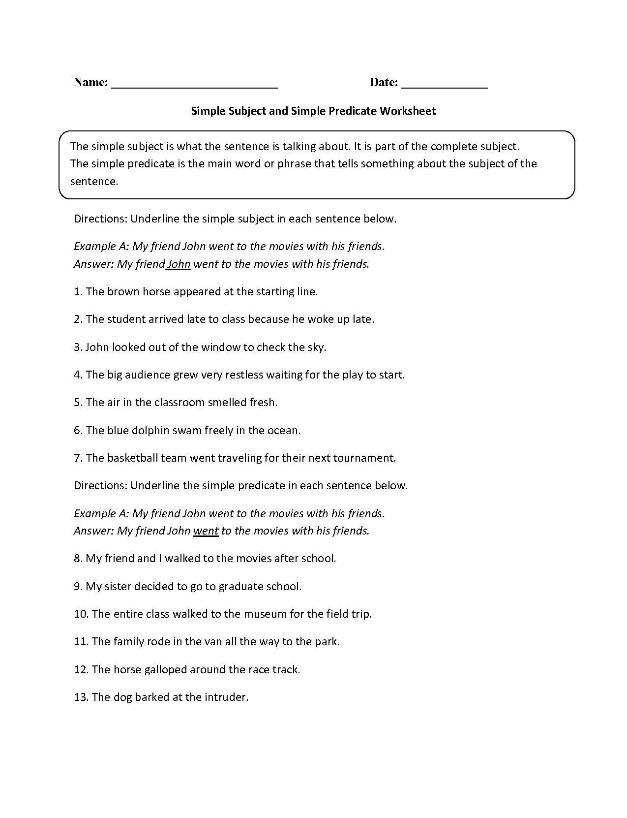 Subject And Predicate Worksheets  Simple Subject And Simple