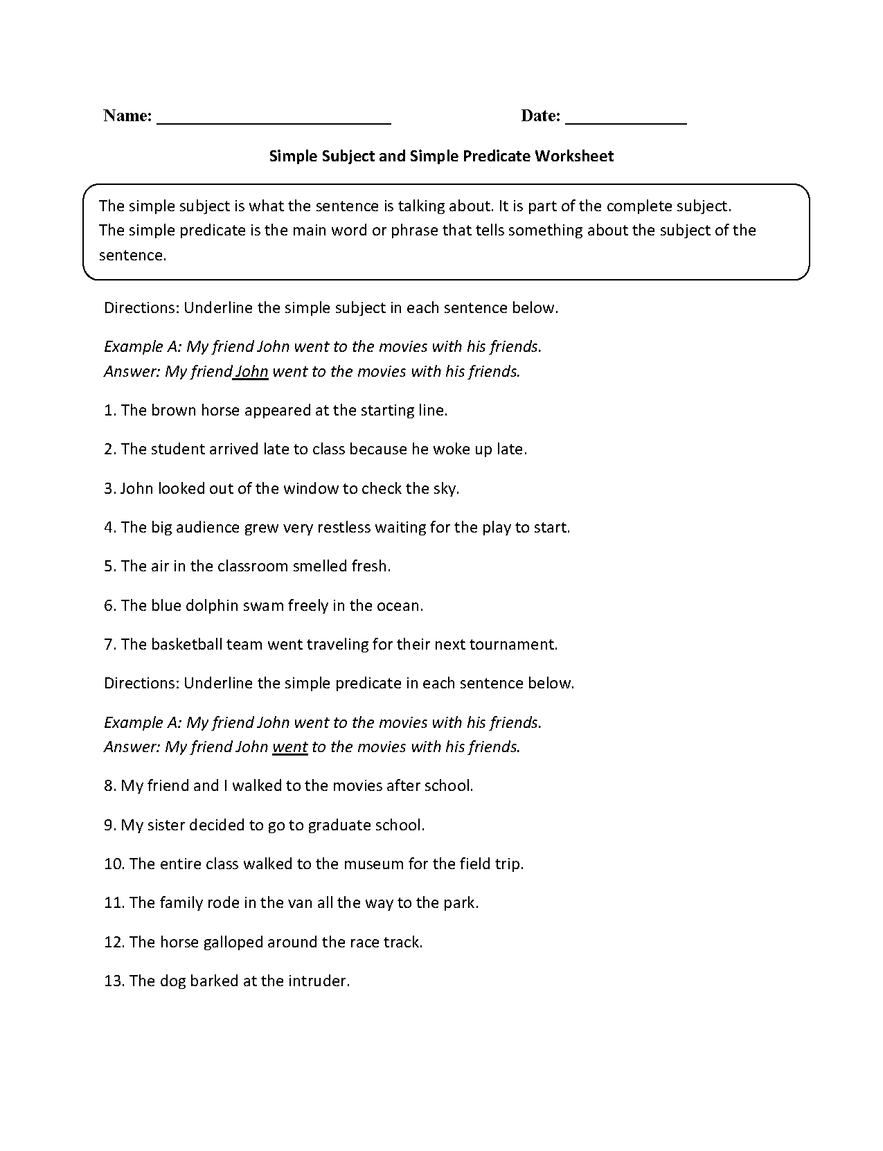 Simple Subject And Predicate Worksheets Db excel