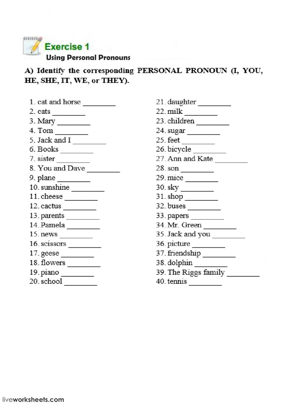 Subject Pronoun Interactive Worksheet Db excel