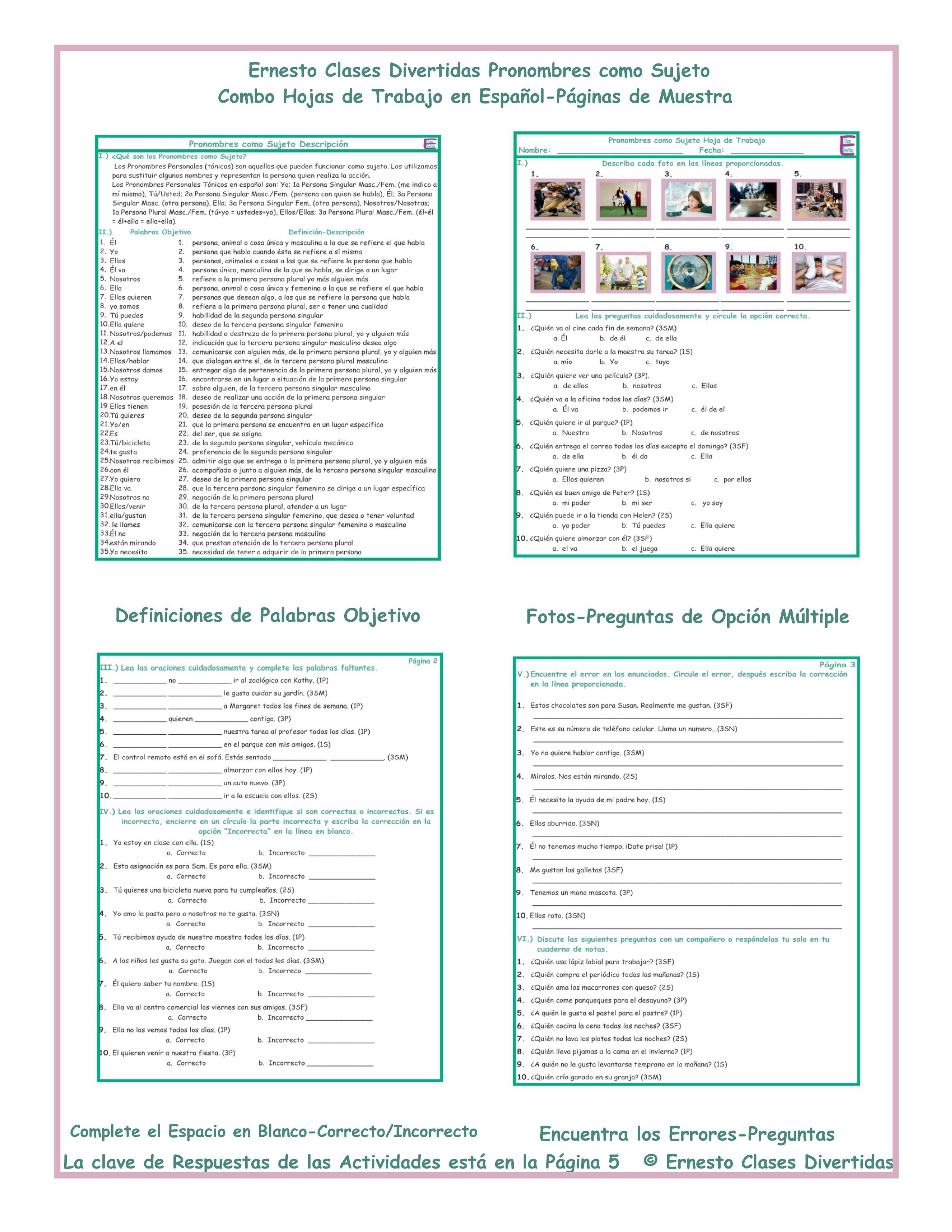 Subject Pronouns Combo Activities Spanish Worksheets