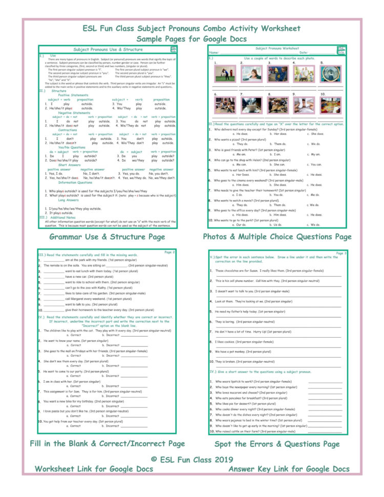 Subject Pronouns Combo Activity Worksheetsgoogle Docs