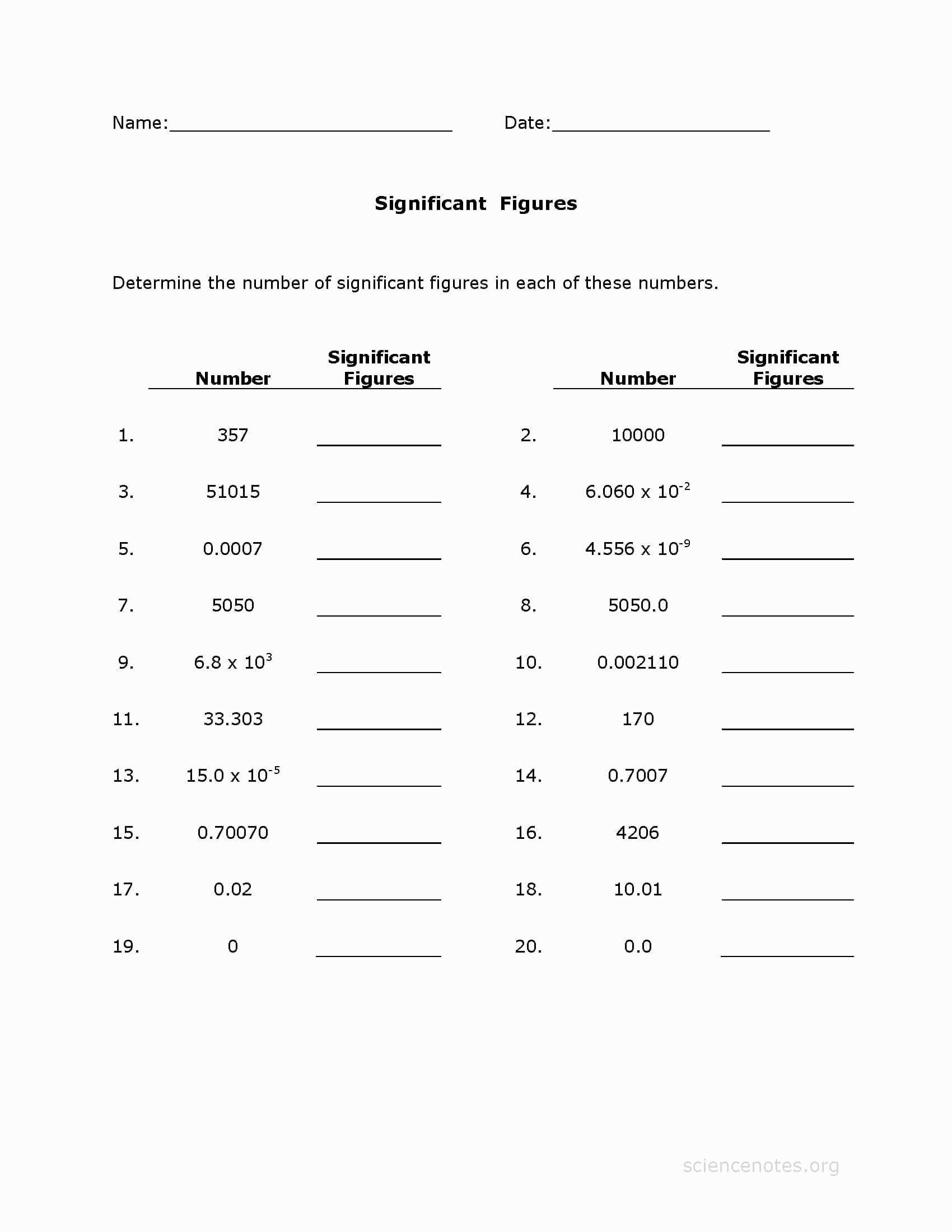 Significant Figures Calculation Worksheet