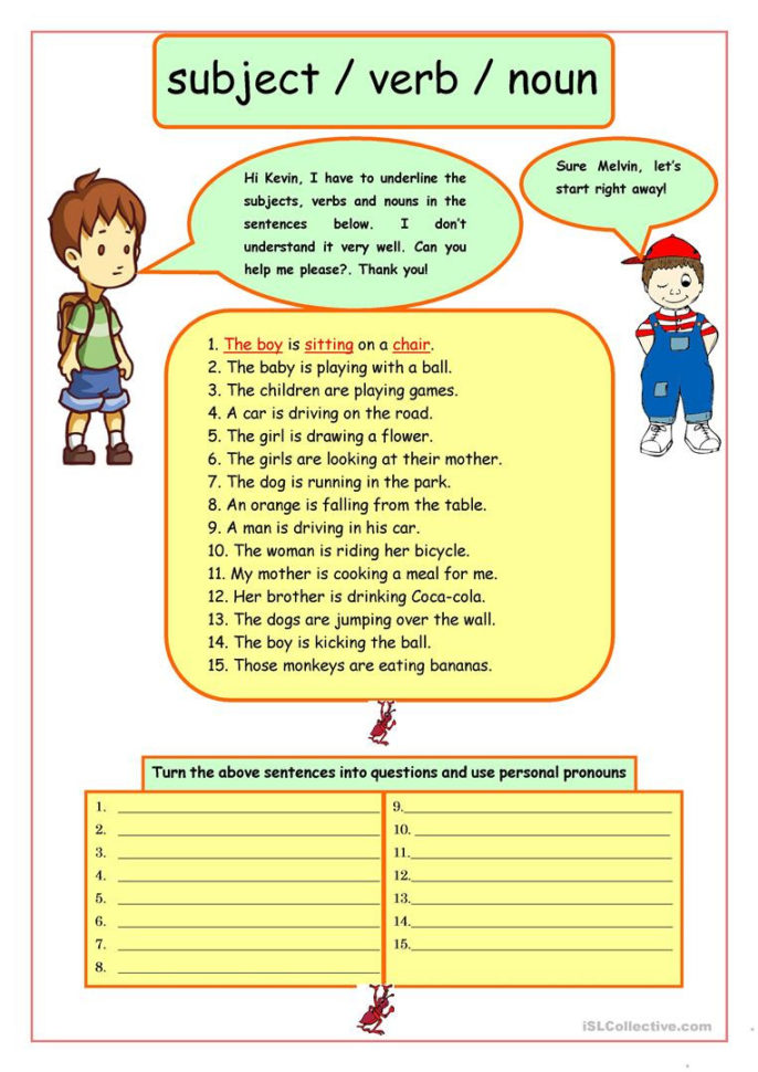 Subject Verb Noun  English Esl Worksheets