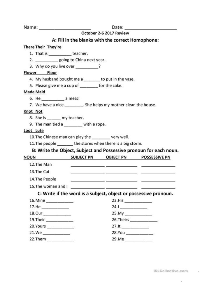 Subjectobjectpossessive Pronoun Practice  English Esl
