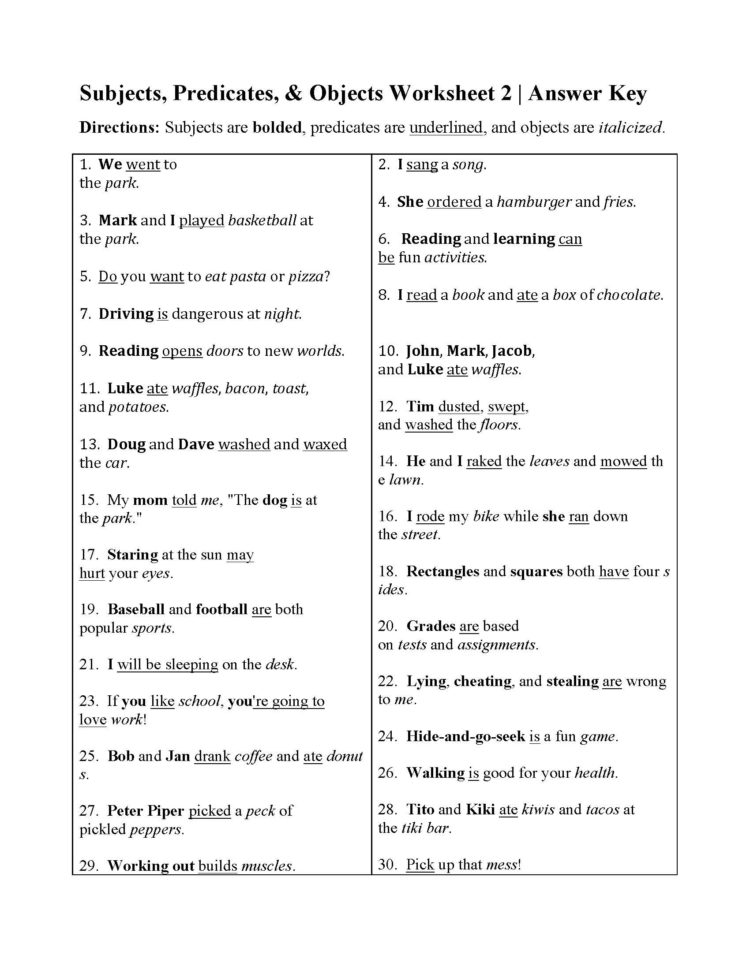 Subjects Predicates And Objects Worksheet 2  Answers