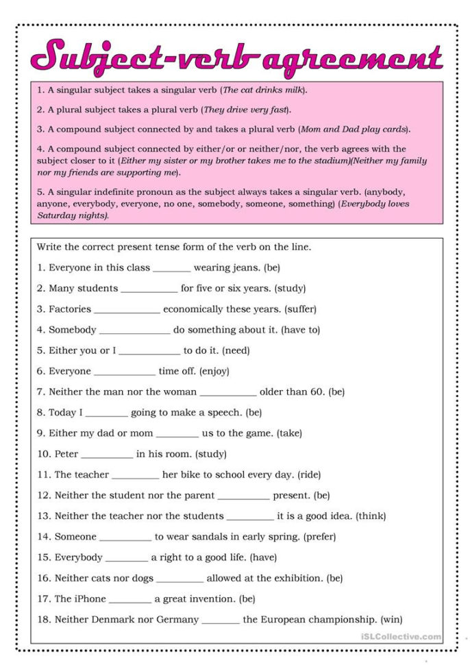 Subjectverb Agreement  English Esl Worksheets