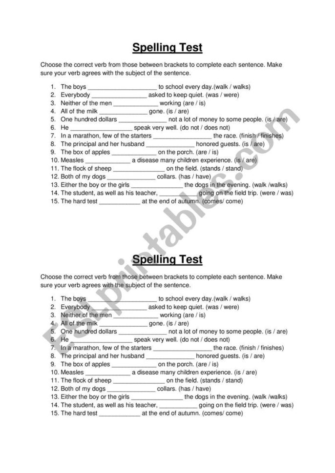 Subjectverb Agreement  Esl Worksheetmaus