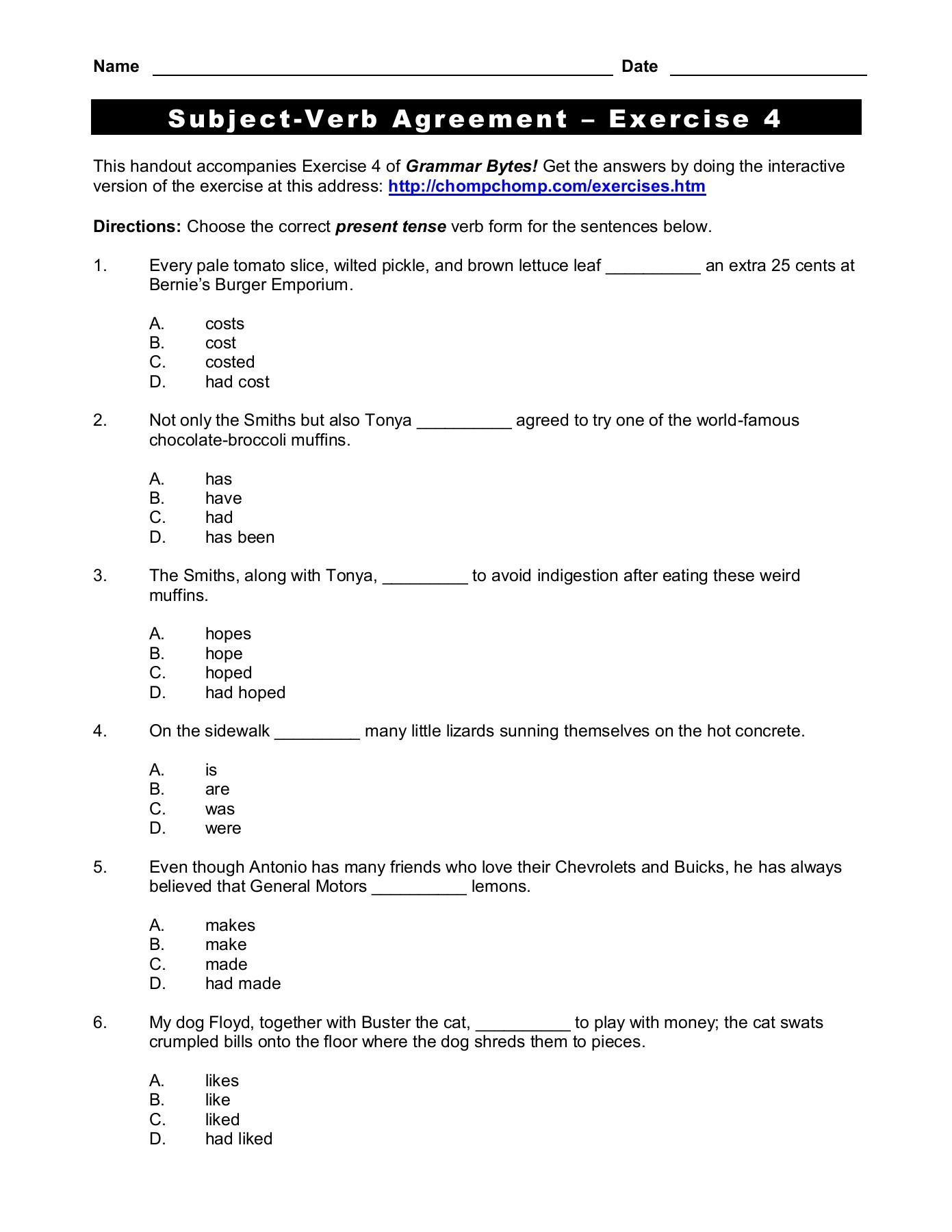 Subject Verb Agreement Practice Worksheet The Children Clean Cleans The Room