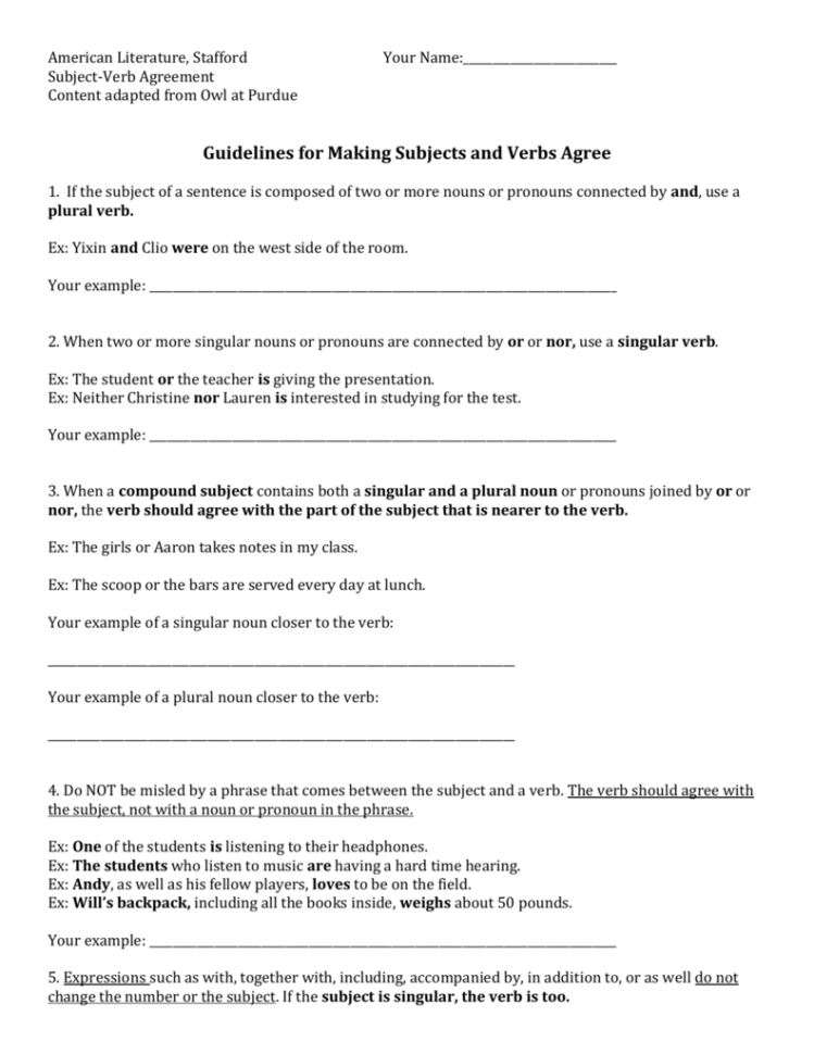 Subjectverb Agreement Worksheet