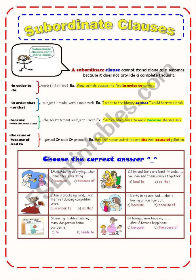 Subordinate Clause  Esl Worksheetmssaraq8