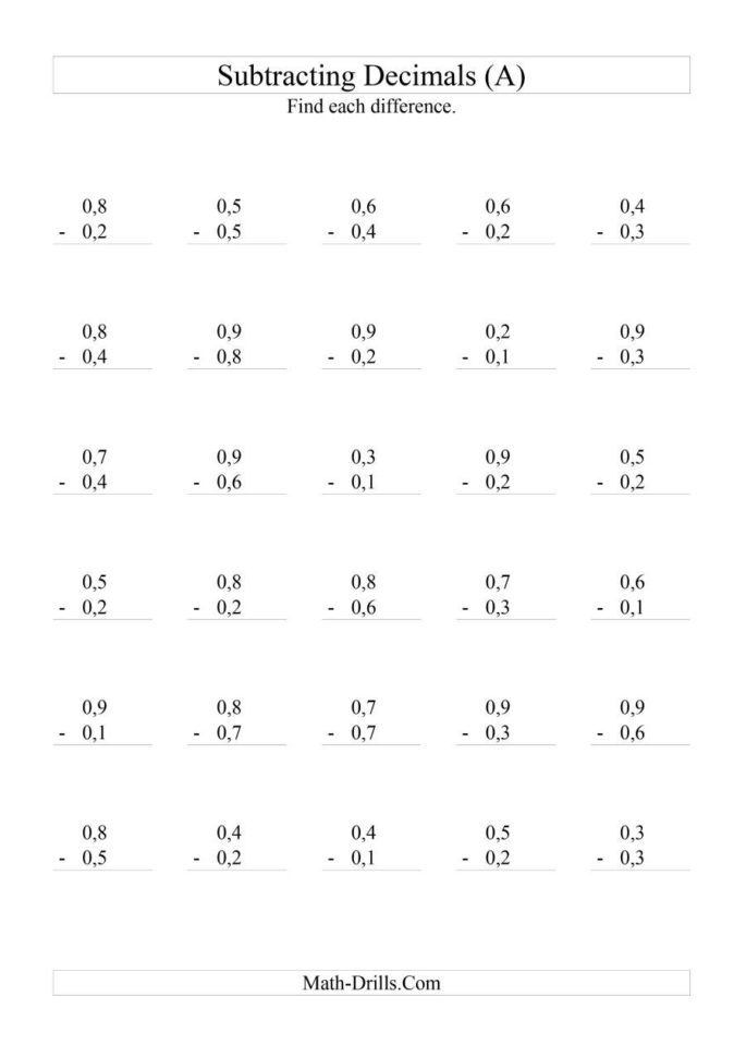 Subtracting Decimals Range 01 To 09 A