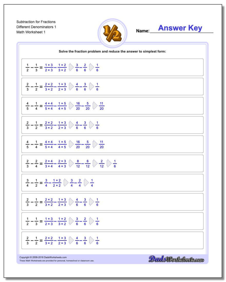 Subtracting Fractions With Unlike Denominators
